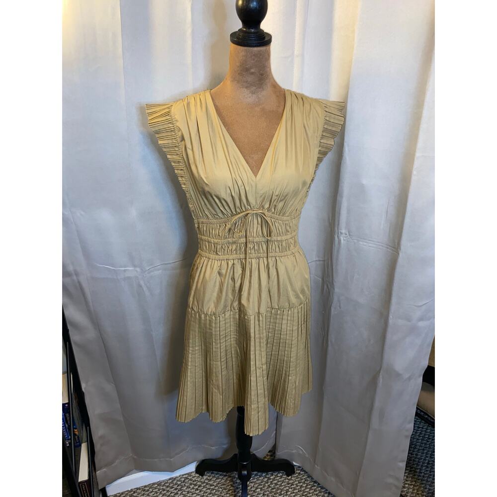 Current Air Los Angeles Anthropologie Dress S Tan Pleated Flutter Sleeve Smocked